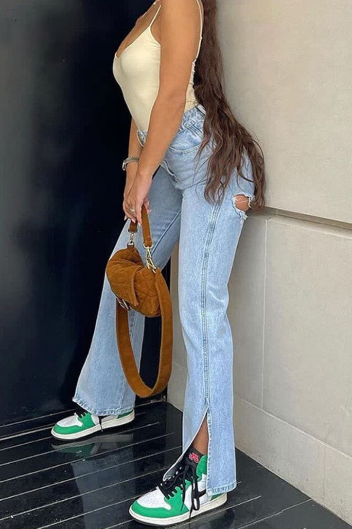 I SAW IT FIRST RIPPED SPLIT ANKLE  STRAIGHT LEG JEANS - UK 16