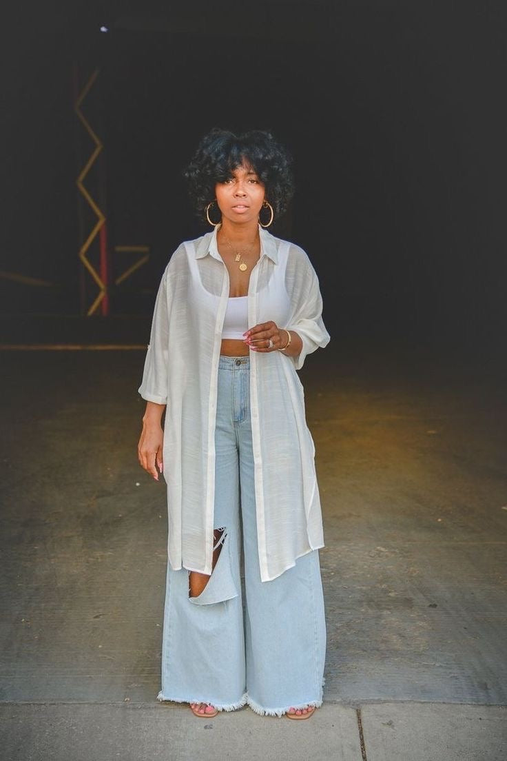 FB SISTER KNEE RIPPED WIDE LEG JEANS - UK 8