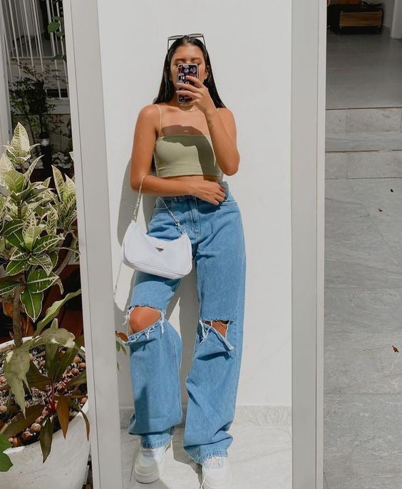 & DENIM KNEE RIPPED WIDE LEG JEANS